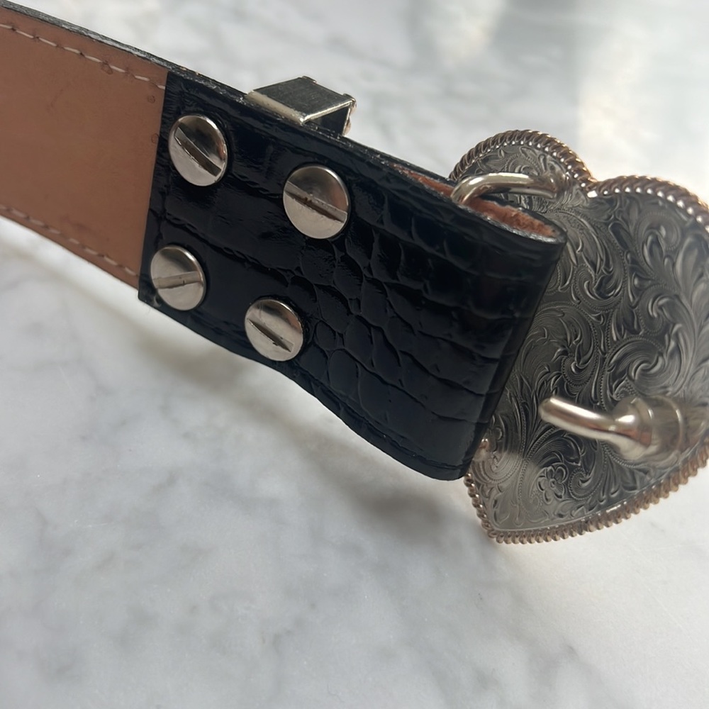 al beres Engraved Heart Buckle Black Moc Croc Leather Belt M/37” - Picture 6 of 10